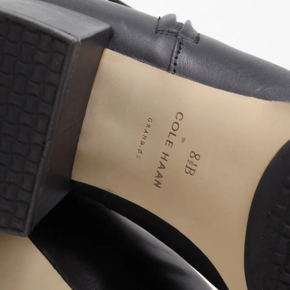 Cole Haan Women Grand Ambition 55 mm Boots Black Leather Block Heel Gold Toe 8.5
